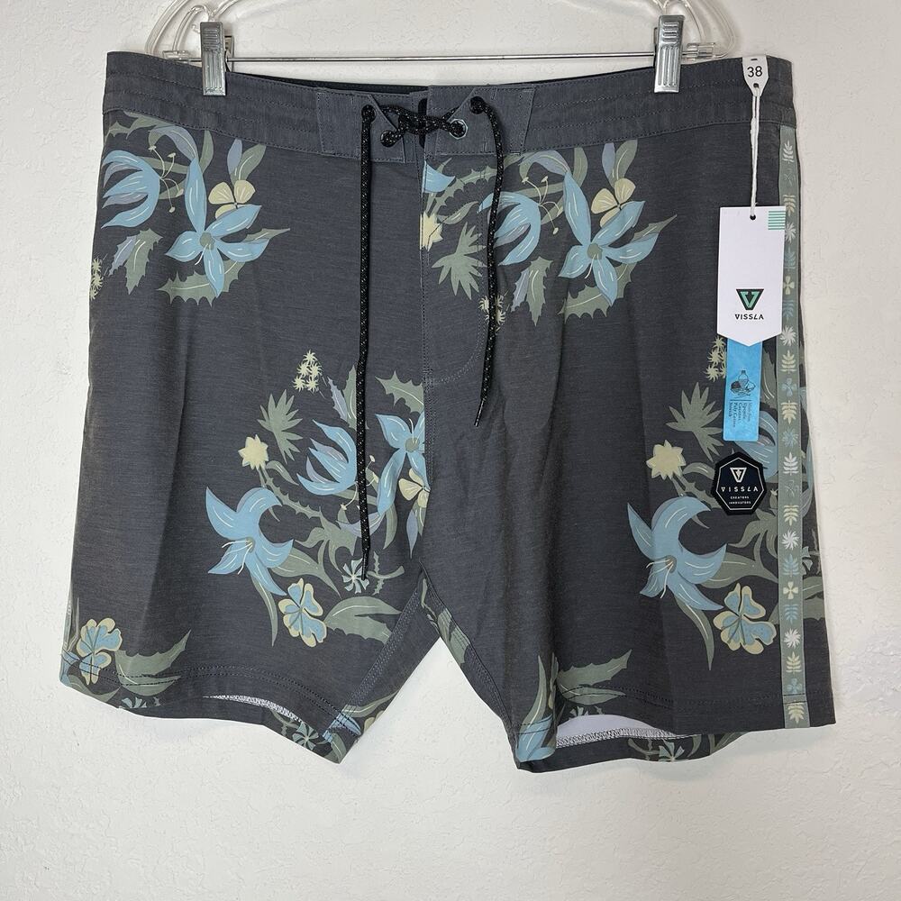 VISSLA Gray and Blue Floral Board Shorts